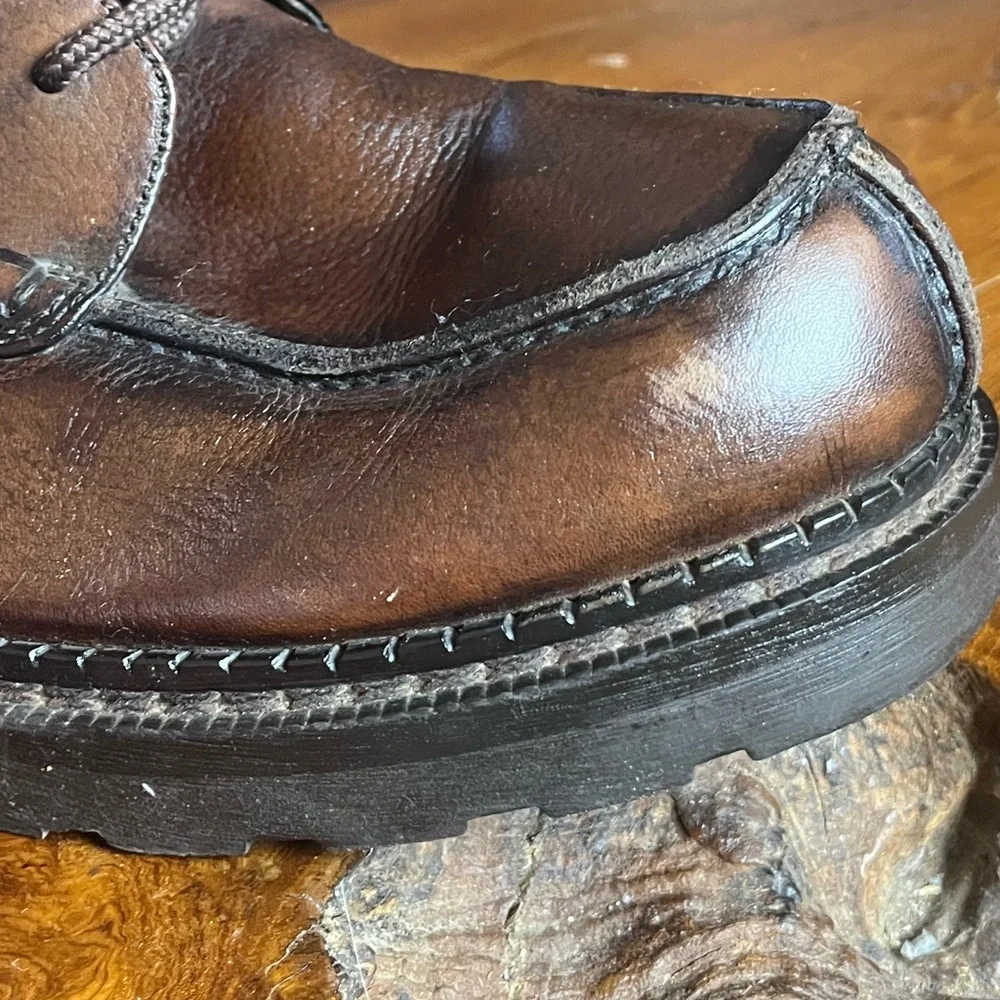 Unlisted by Kenneth Cole Brown Distressed Leather Moc Toe Lug Sole Boots Size 12
